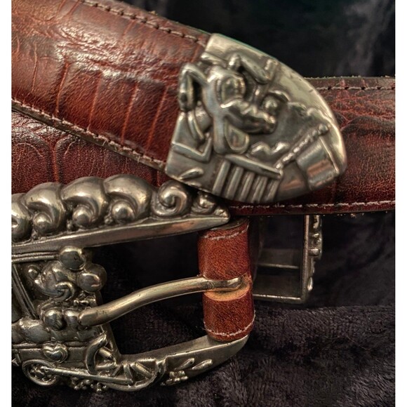 Disney Mickey & Co By Brighton Brown Statement Belt Silver Mickey Train Buckle - Picture 4 of 11